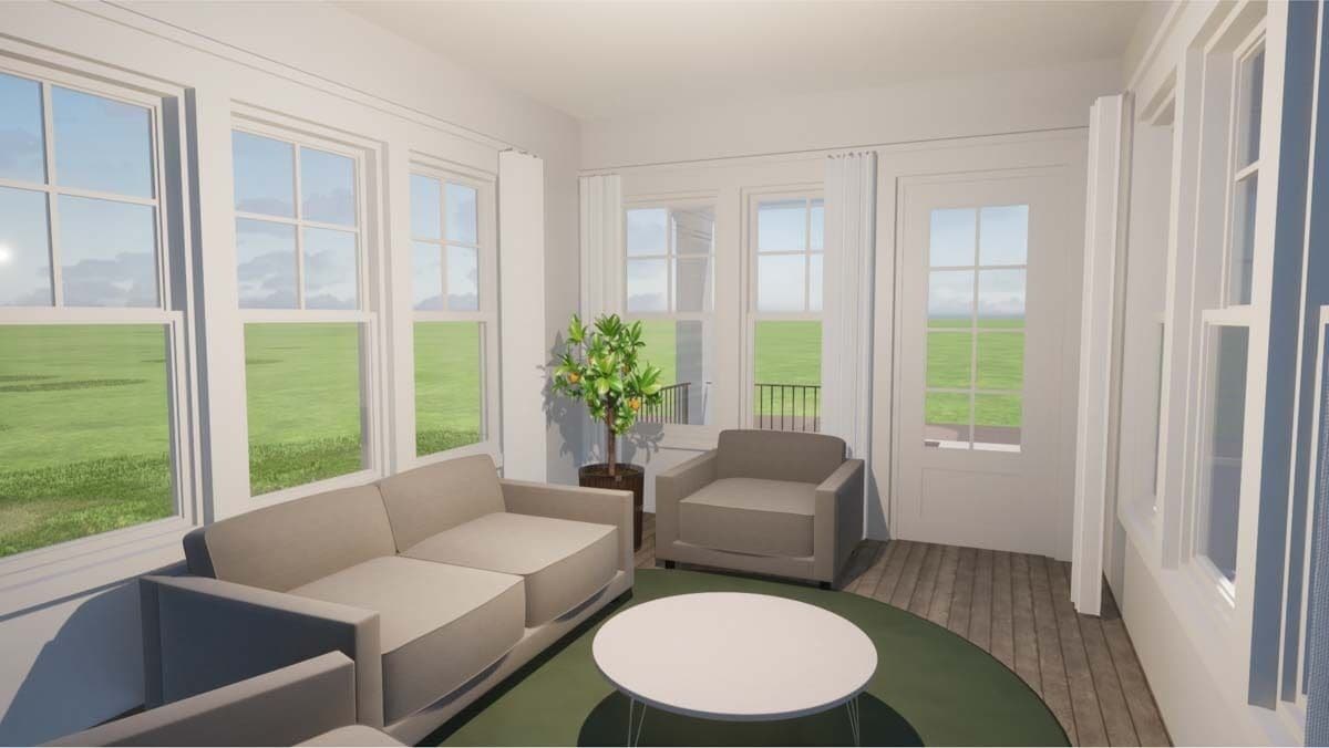 Living room with a glazed entry door, modern seats, and a round coffee table.