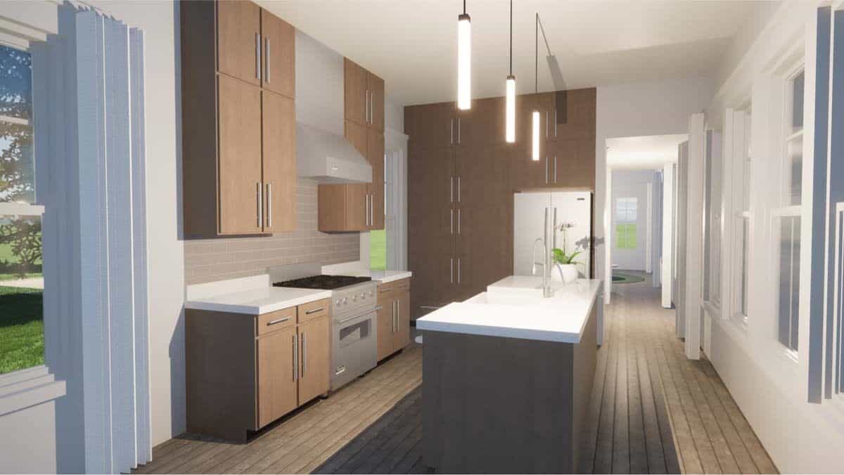 Kitchen with wooden cabinets, marble countertops, and a breakfast island illuminated by cylindrical pendants.