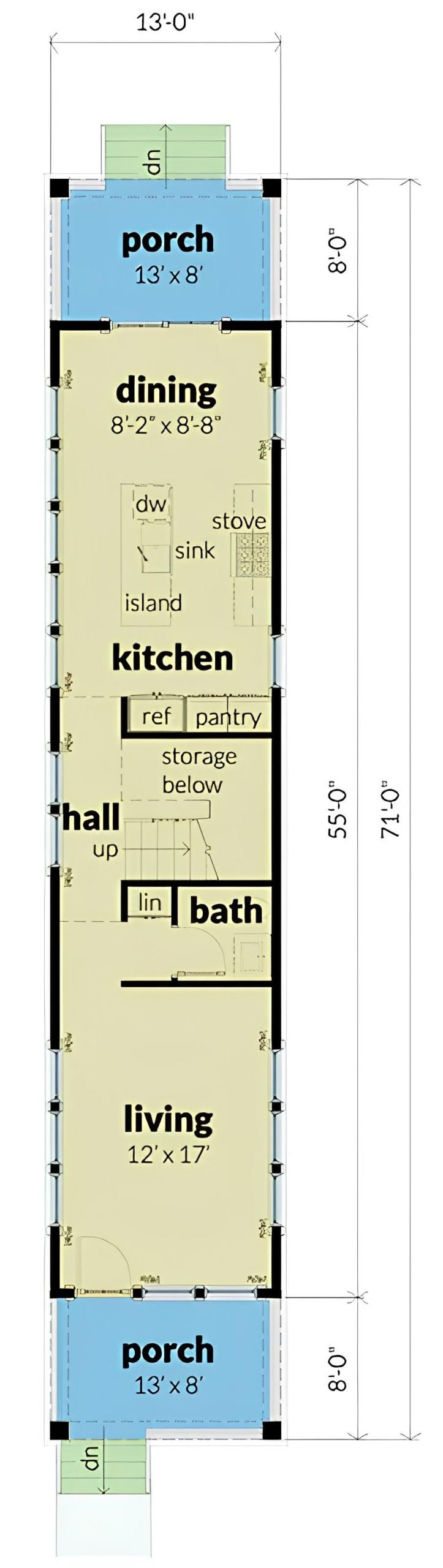 Main level floor plan of a two-story country style 2-bedroom home with front and rear porches, living room, kitchen, dining area, and powder bath.