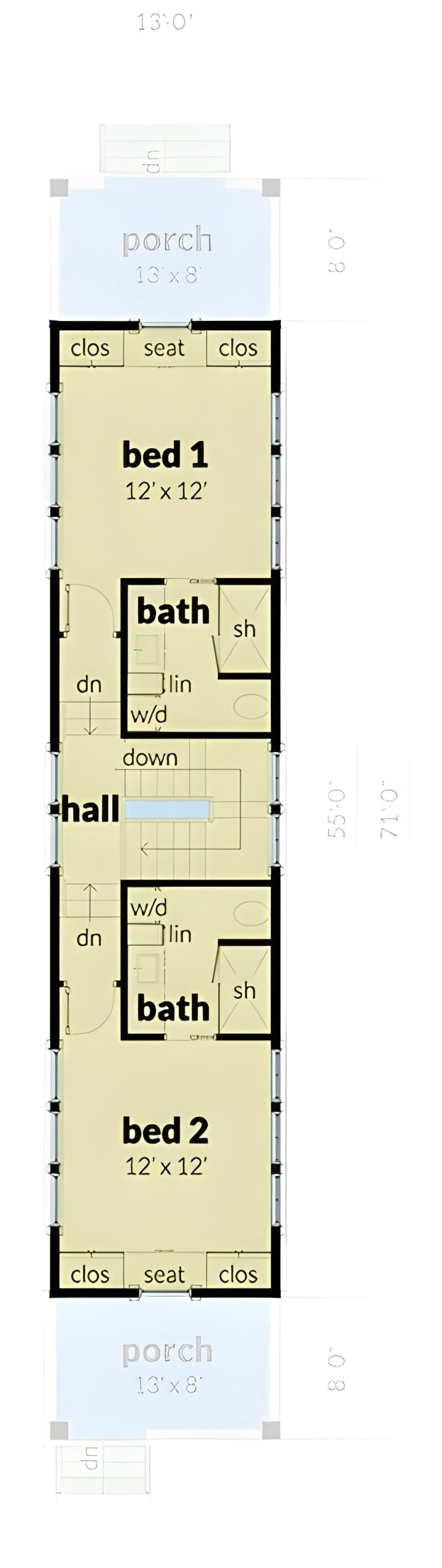 Second level floor plan with two bedroom suites.