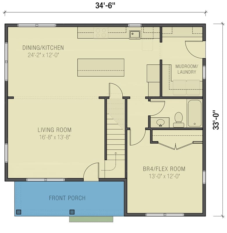 Main level floor plan of a two-story New American style 4-bedroom home with living room, dining area, kitchen, bedroom/flex room, and mudroom/laundry.