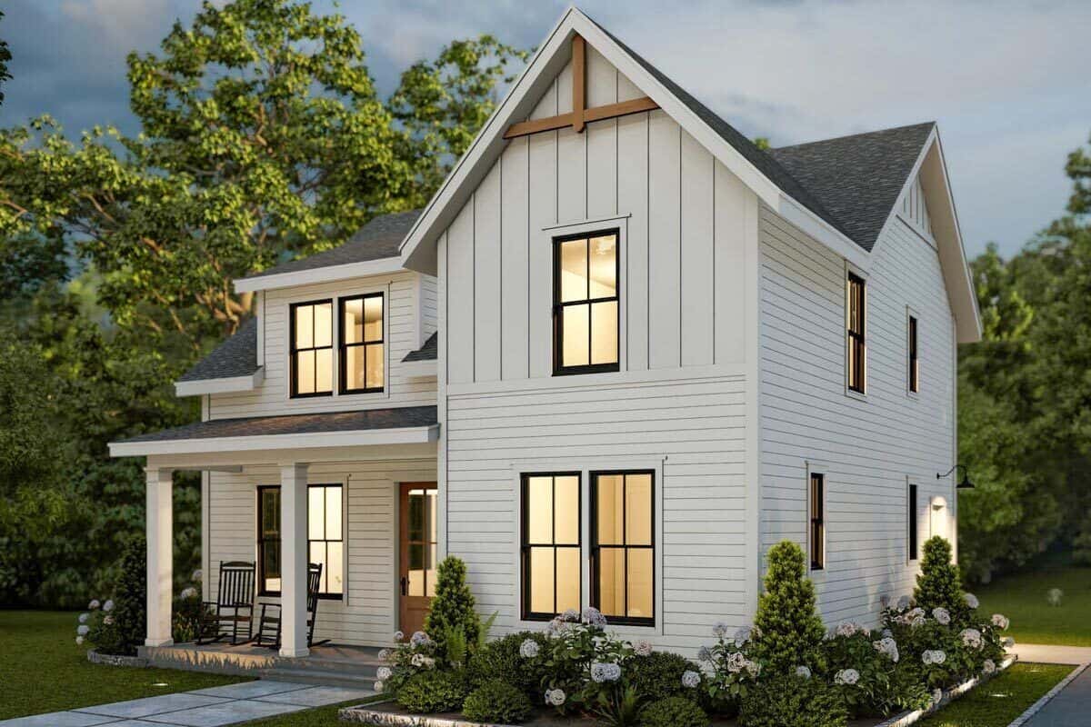 Front-right view with multiple gables and plenty of framed windows.