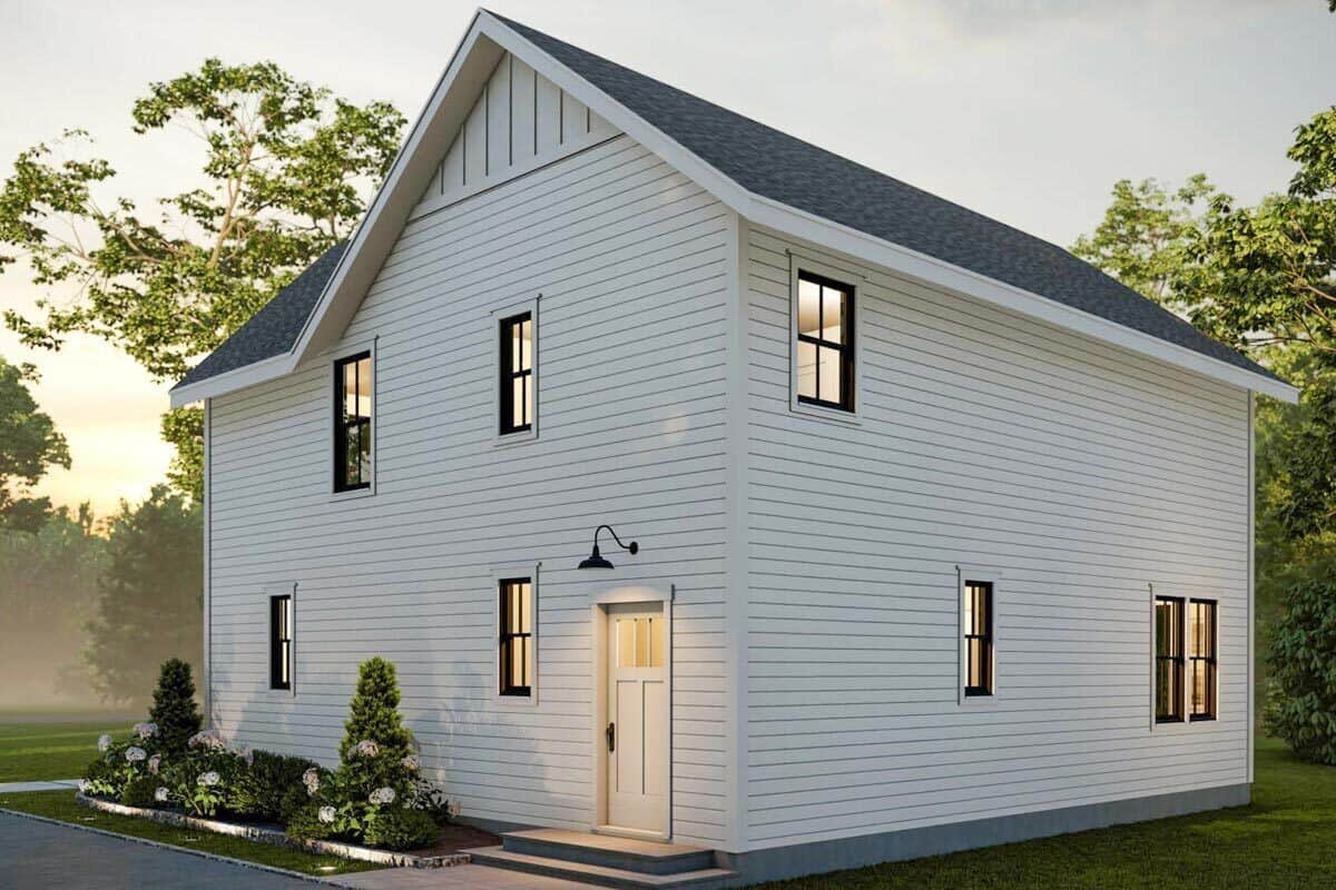 Rear-left view with horizontal siding and black-framed windows.