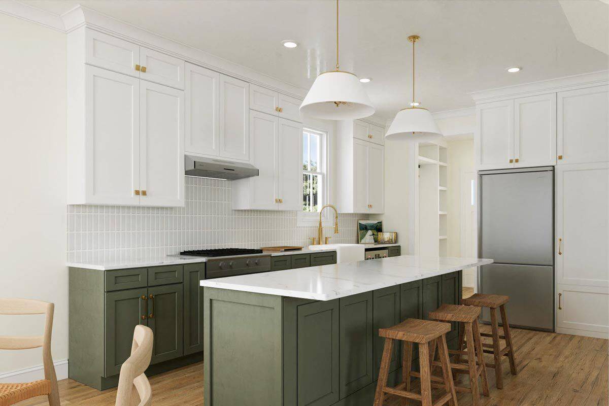 Kitchen with contrasting cabinets, marble countertops, and a breakfast island topped with dome pendant lights.
