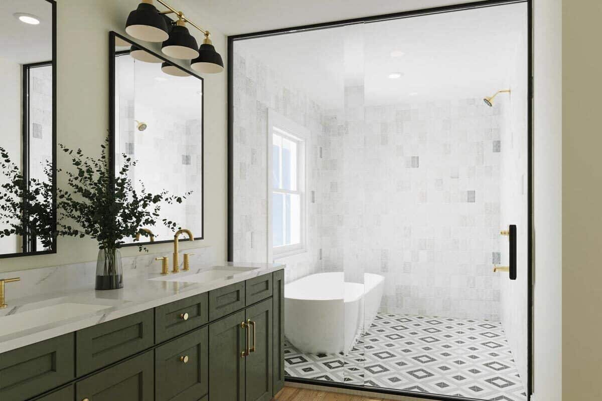 Primary bathroom with a dual sink vanity and a walk-in shower with a freestanding tub.