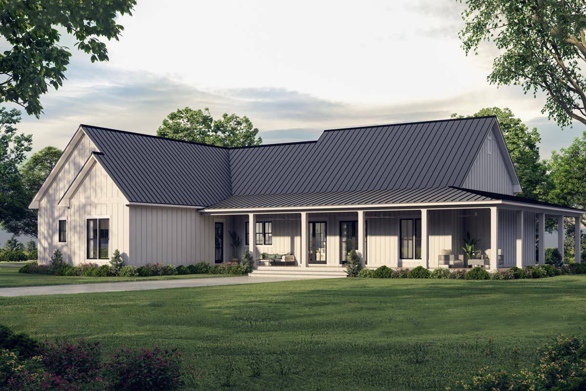 Rear view of the house showcasing the wraparound porch.