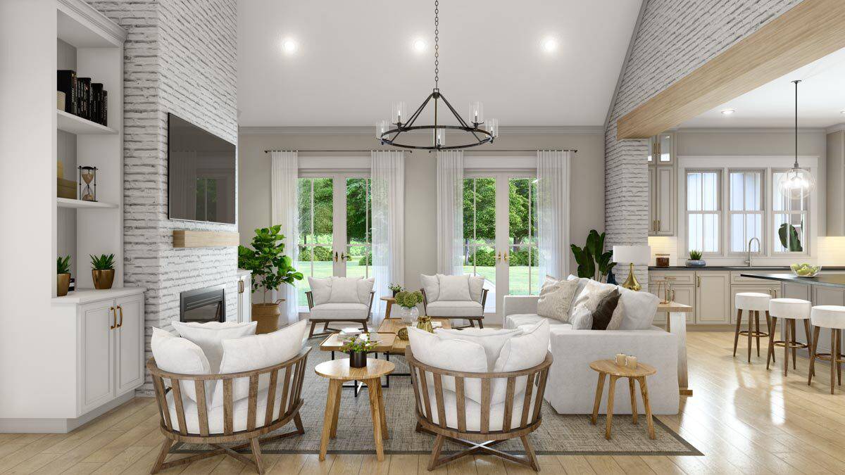 The great room connects with the kitchen through a large opening.