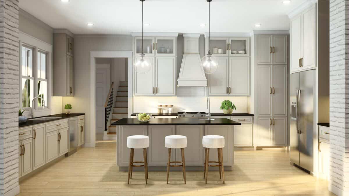 Kitchen with white cabinets, contrasting countertops, and a center island lined with round bar stools.