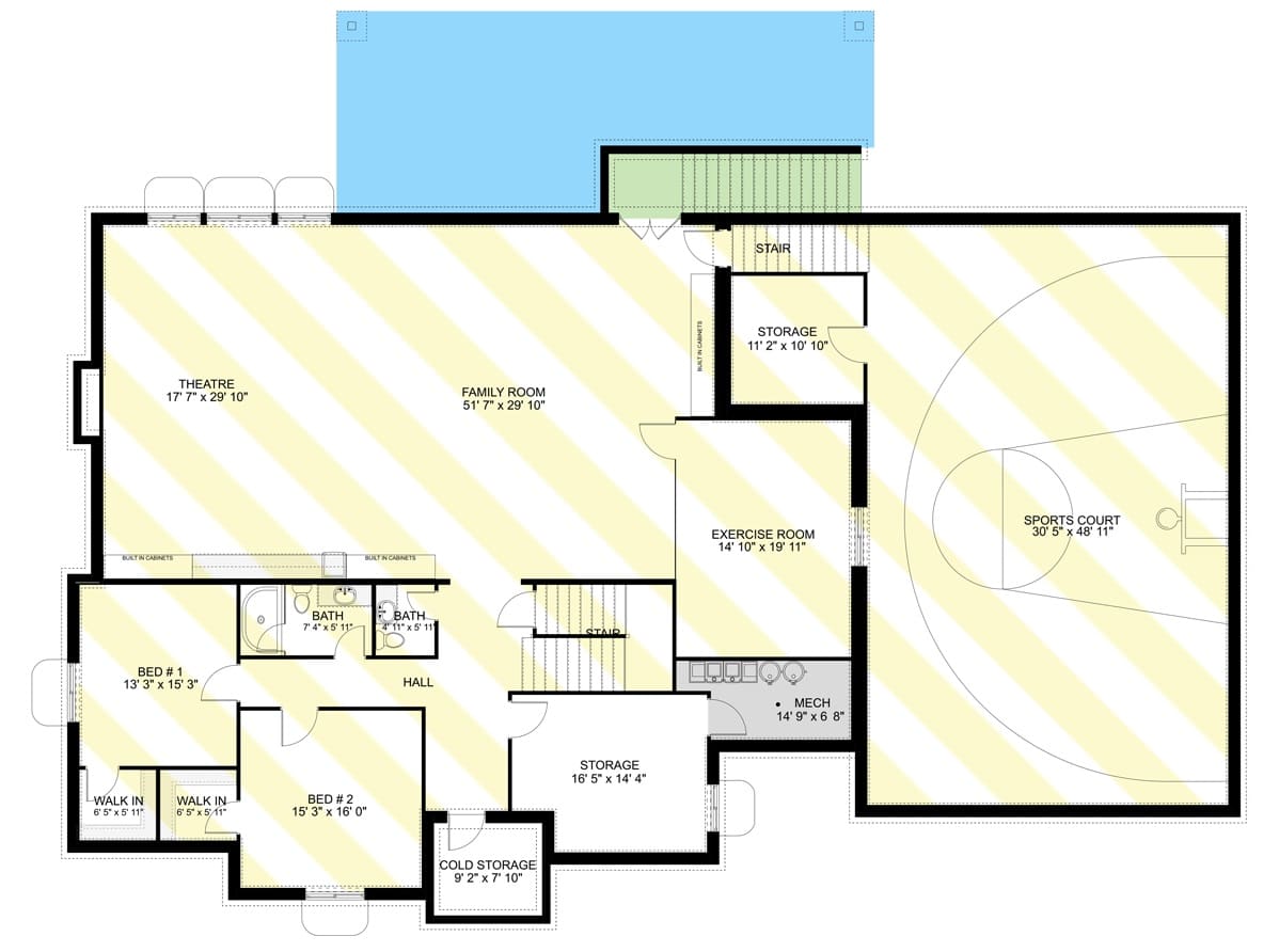 Lower level floor plan with two bedrooms, home theater, family room, exercise room, and a sport court.