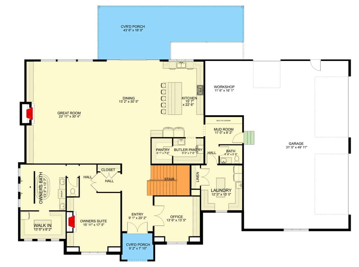 Main level floor plan of a New American style two-story 4-bedroom luxury home with foyer, great room, dining area, kitchen, primary suite, home office, laundry, and mudroom leading to the garage.