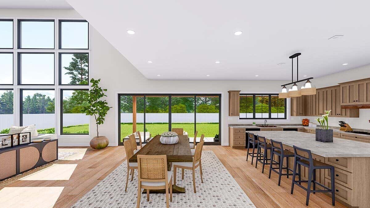 Dining area with a rustic dining set and cushioned chairs over the patterned area rug.
