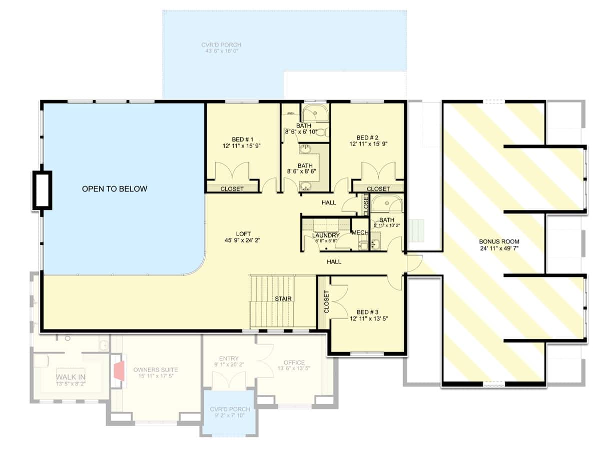 Second level floor plan with three bedrooms, a laundry, a balcony loft, and a bonus room.
