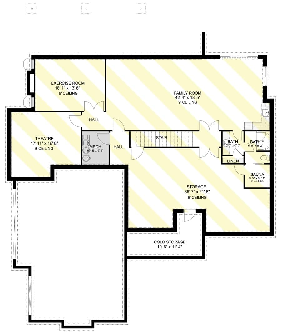 Lower level floor plan with family room, exercise room, home theater, and a full bath with sauna.