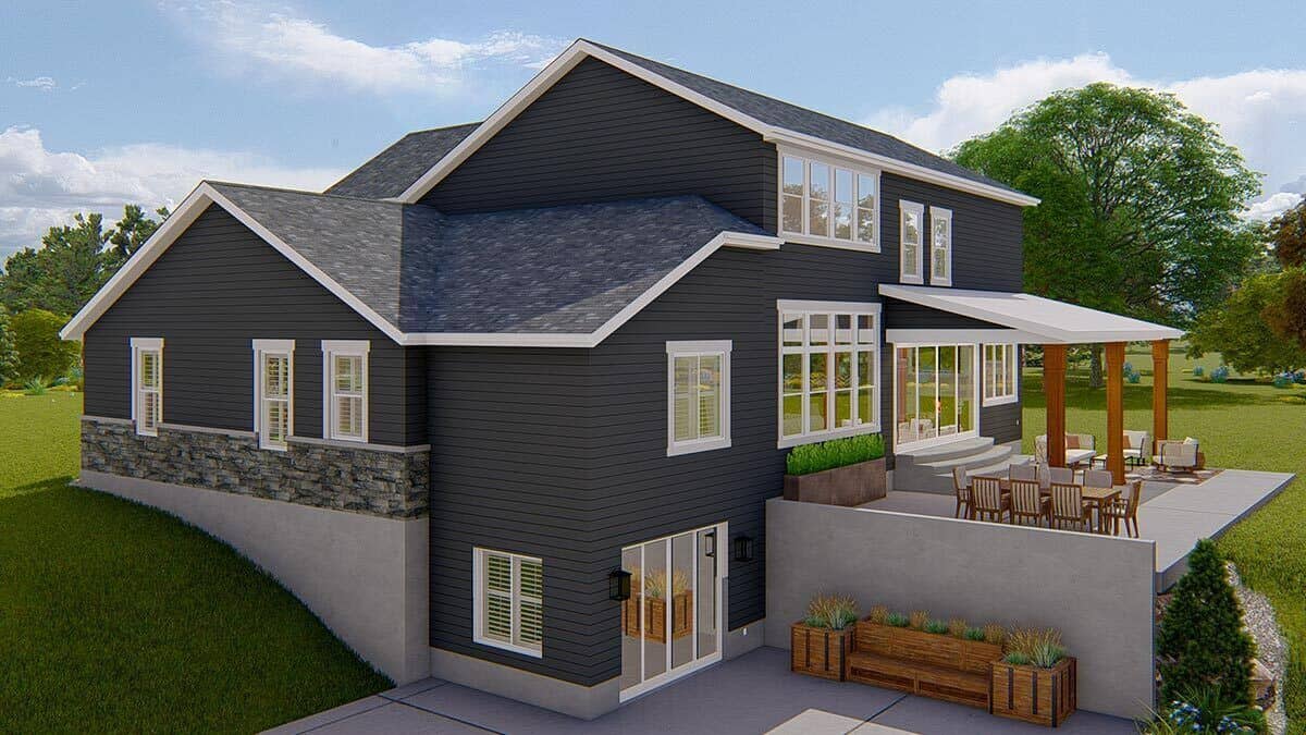 Rear-right view showcasing the walkout basement with sliding glass doors.
