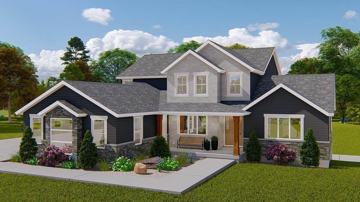 Front view with multiple gables and a covered entry porch.