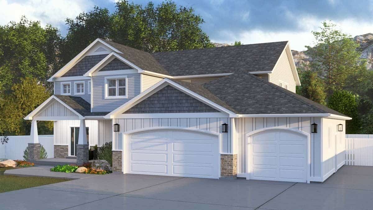 Front-right view with a covered entry and a 3-car garage.