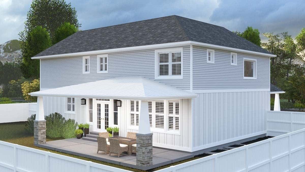 Rear-left view with a covered porch supported by stone base columns.