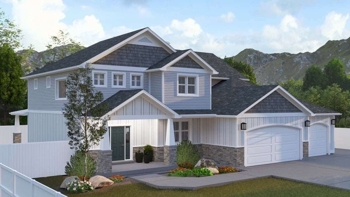Front-right view of the house showcasing the covered entry porch.