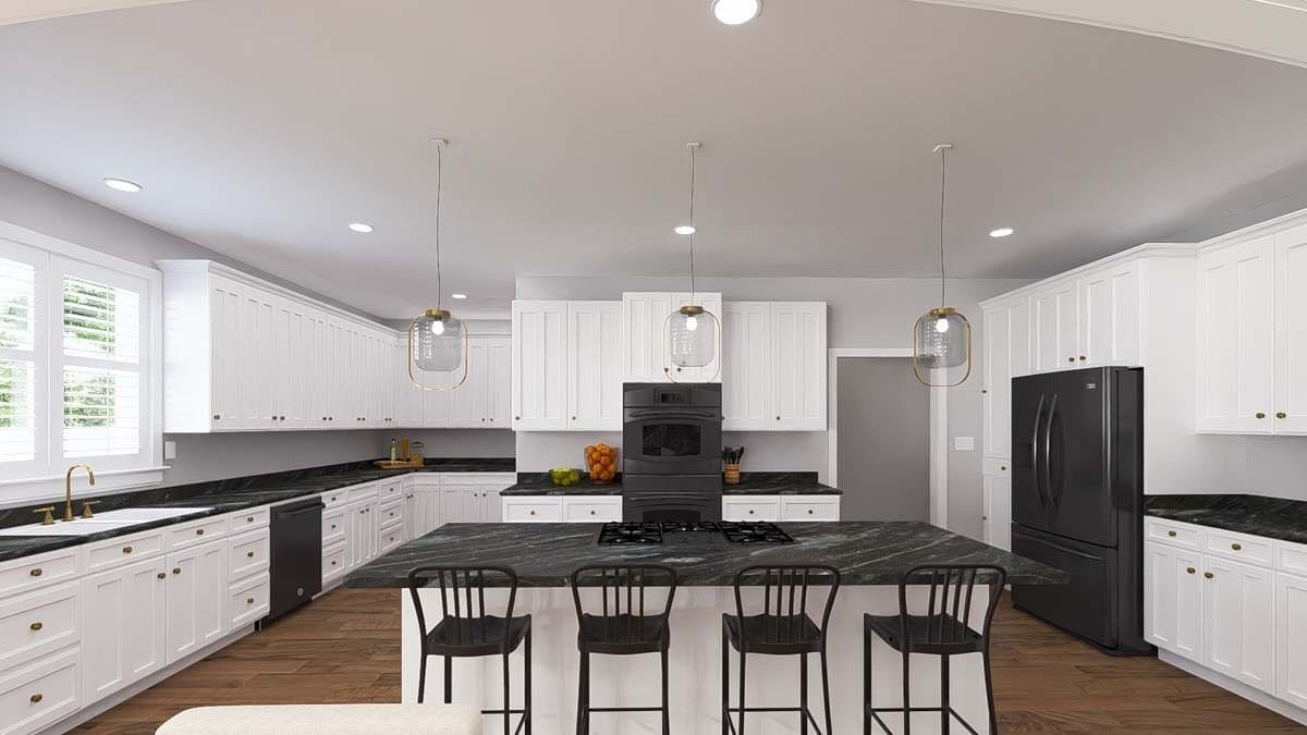 Kitchen with white cabinets, contrasting countertops, and a center island with seating for four.