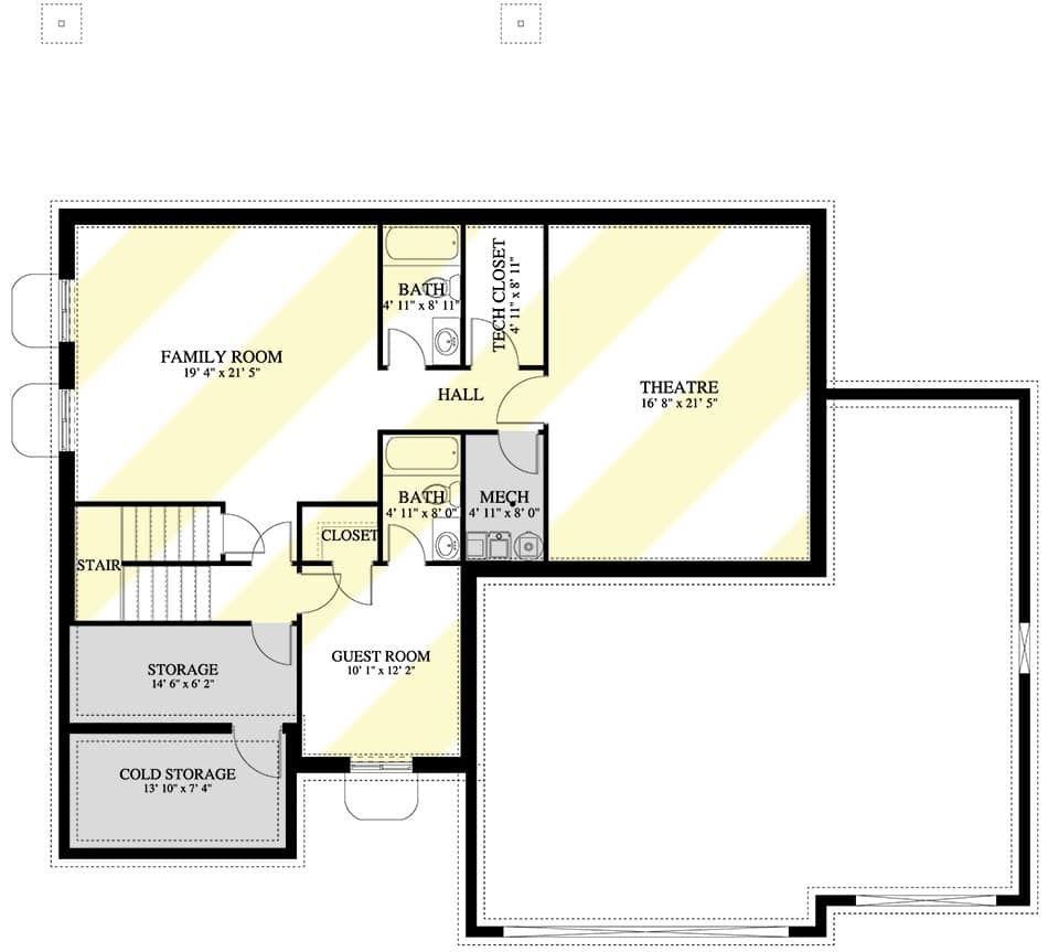 Lower level floor plan with a guest room, a family room, and a home theater.