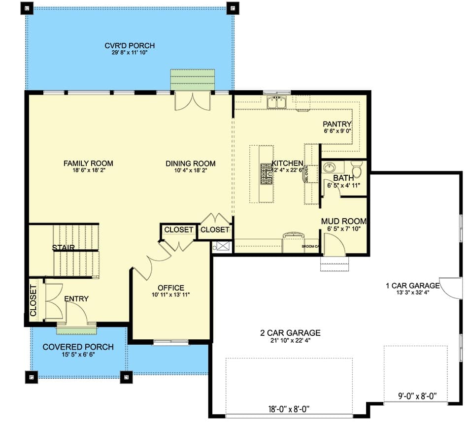 Main level floor plan of a transitional single-story 4-bedroom home with foyer, family room, dining room, kitchen, and mudroom leading to the garage.