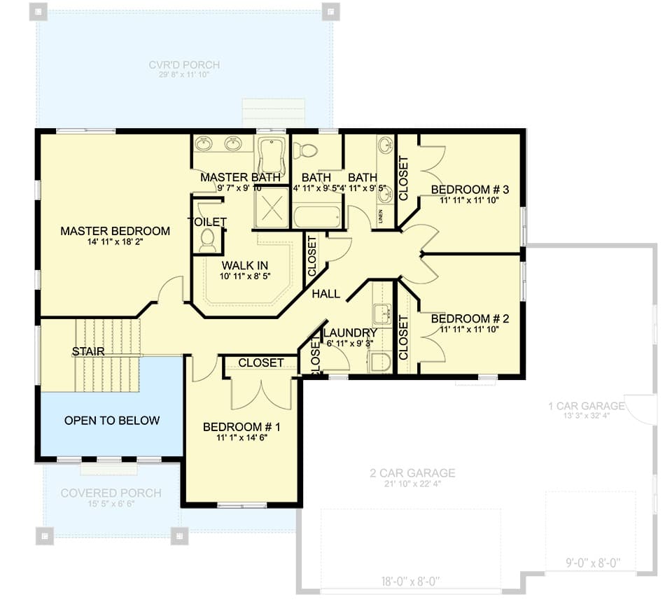 Second level floor plan with four bedrooms, two baths, and a laundry room.