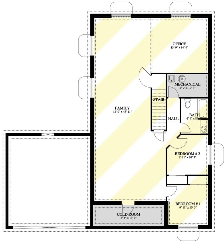 Lower level floor plan with two bedrooms, a shared bath, home office, and an enormous family room.