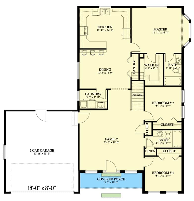 Main level floor plan of a single-story traditional 4-bedroom home family room, dining room, kitchen, three bedrooms, and double garage.