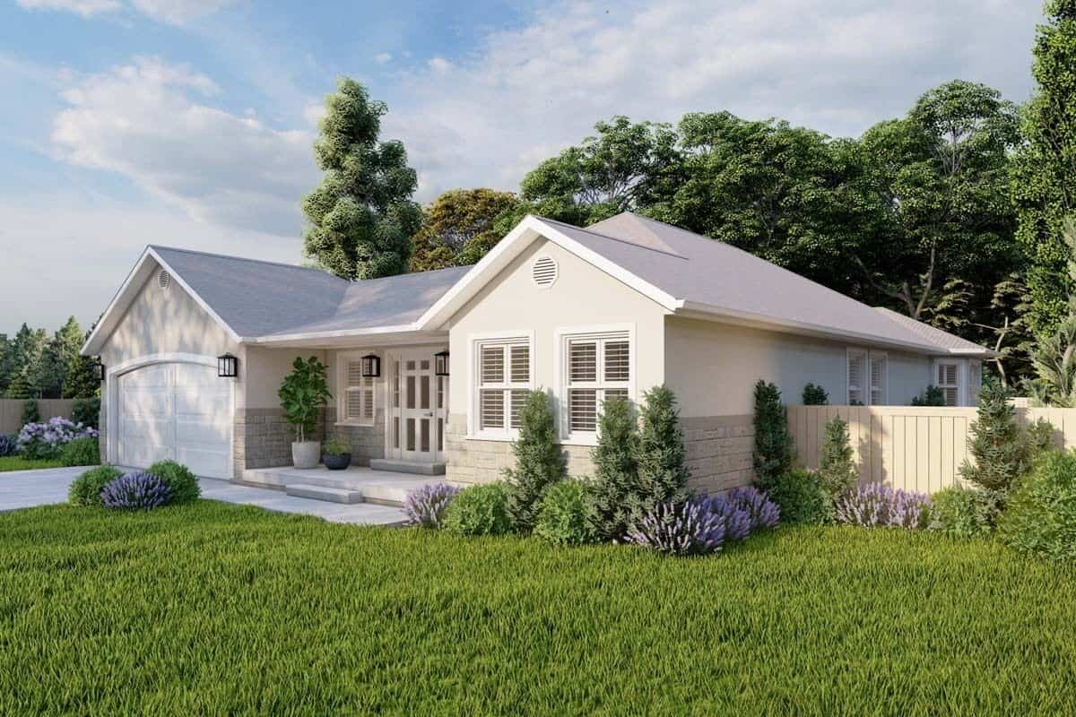 Front view with a double garage and a covered entry porch.