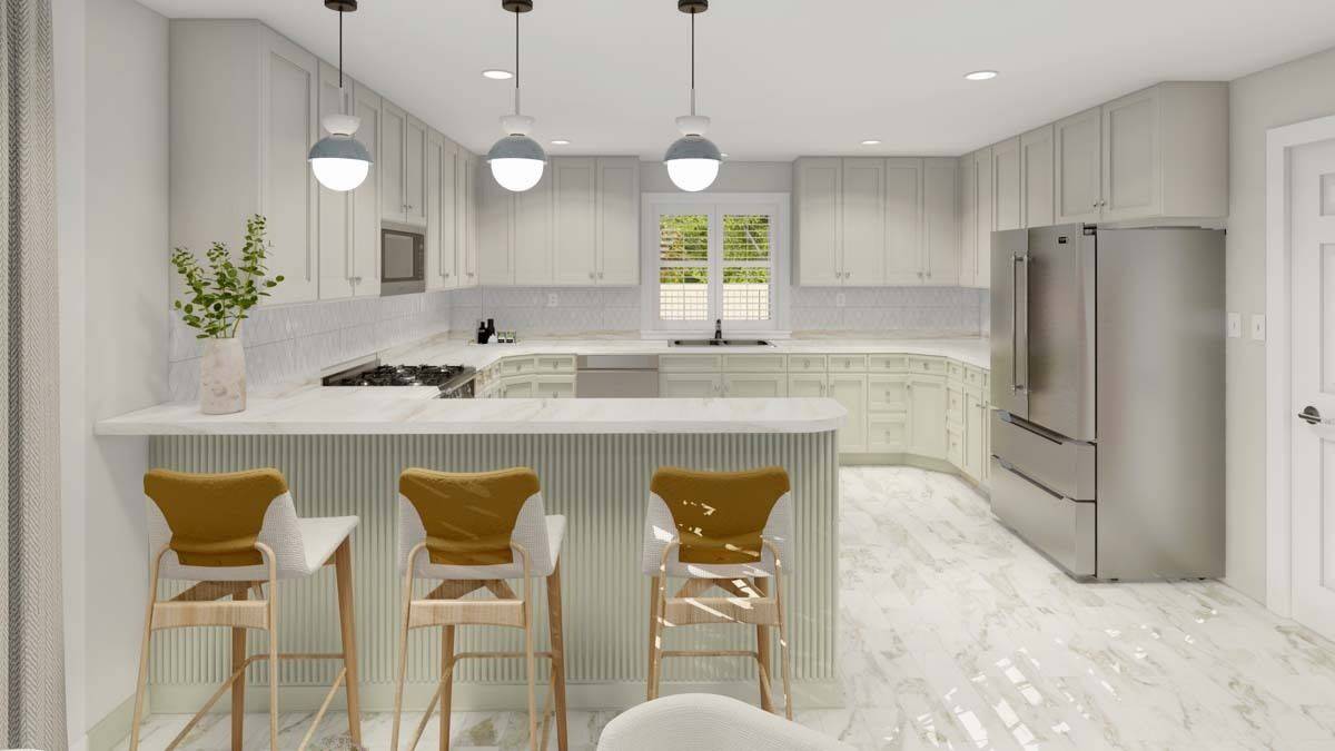 Kitchen with white cabinets, marble countertops, and a peninsula bar with seating for three.