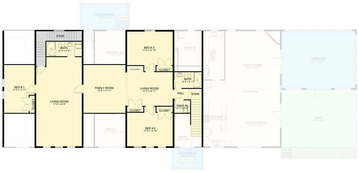 Second level floor plan with three bedrooms, two living rooms, and a family room.