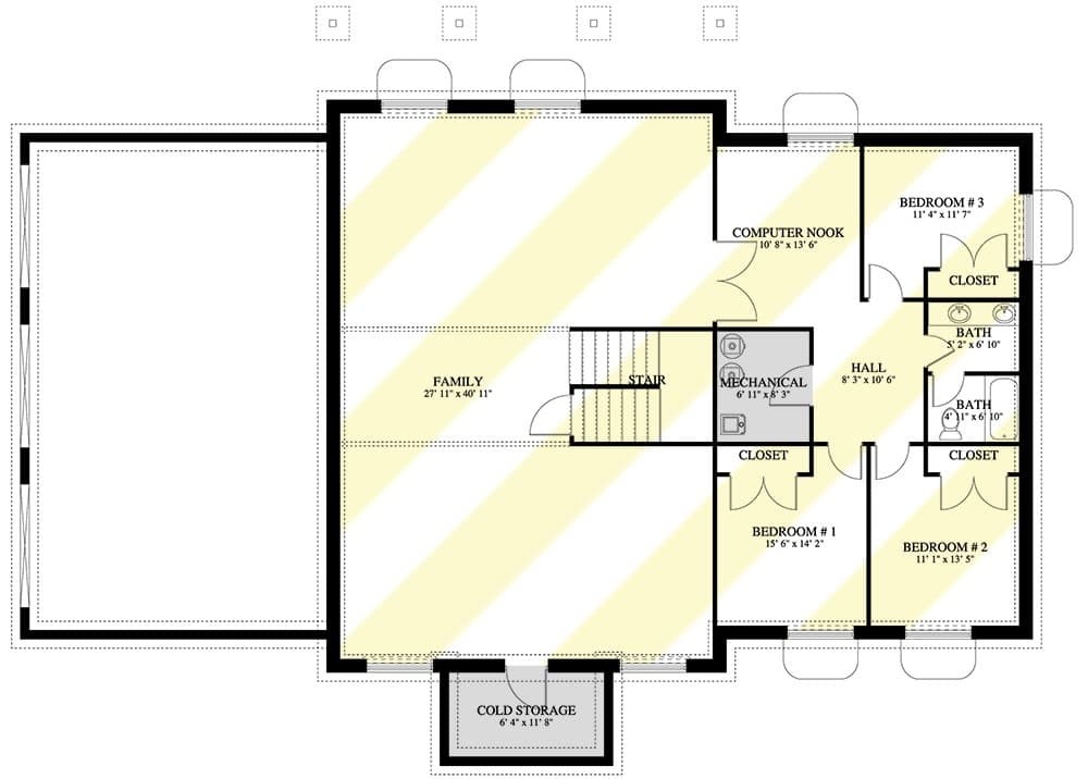 Lower level floor plan with three bedrooms, a computer nook, and a massive family room.