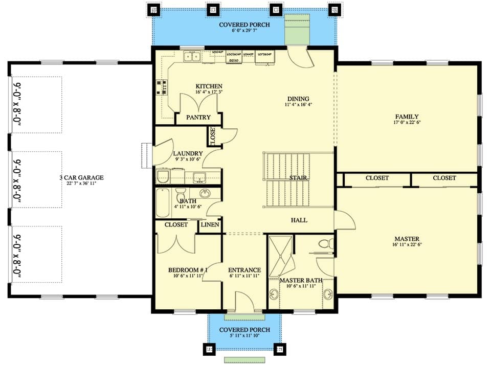 Main level floor plan of a ranch style 2-bedroom single-story home with foyer, dining room, family room, kitchen, two bedrooms, and a laundry leading to the garage.