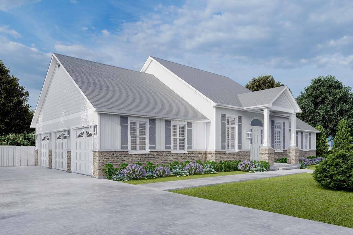Front-left view with a gabled entry porch and a side-entry garage.