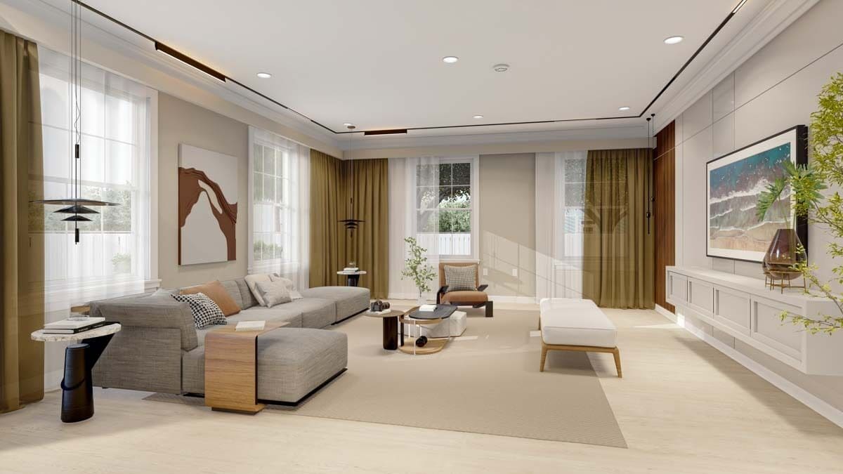 Family room with modern furnishings and huge windows dressed in sheer curtains.