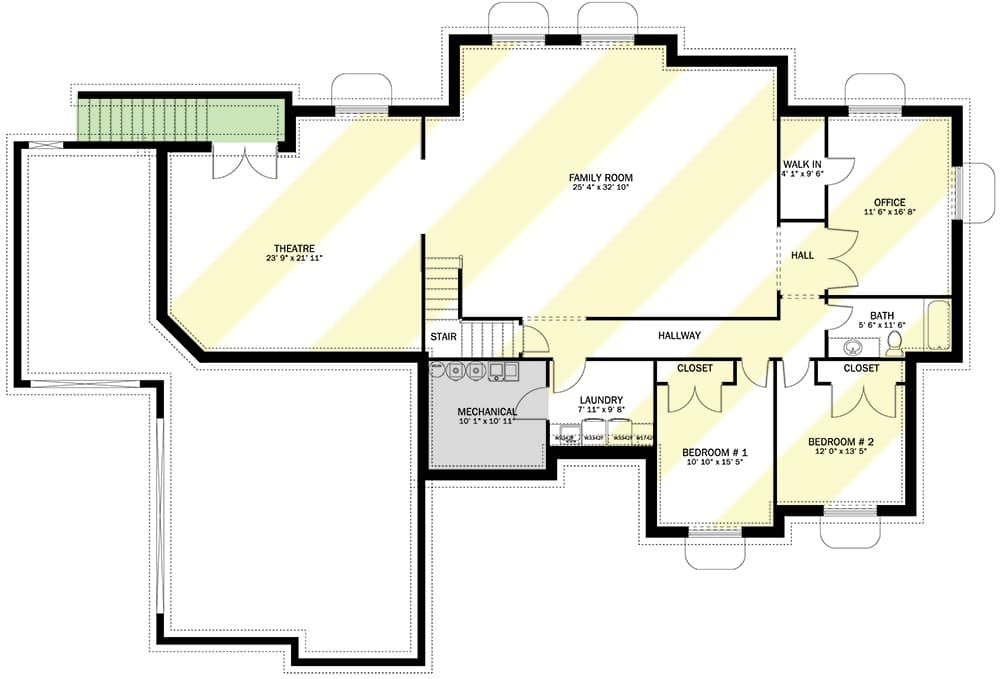 Lower level floor plan with two bedrooms, home office, theater, family room, and laundry room.