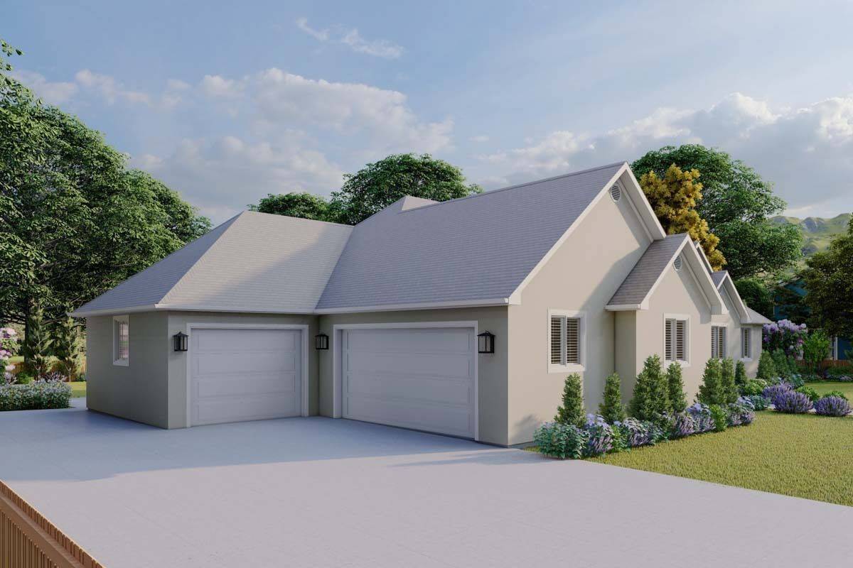 Front-left view of the house with a 3-car garage and concrete driveway.