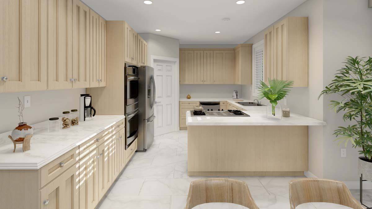 Kitchen with light wood cabinets, a corner pantry, a peninsula bar, and marble countertops that match the tiled flooring.