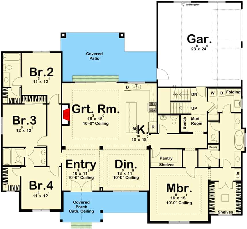 Main level floor plan of a single-story modern 4-bedroom farmhouse with foyer, dining room, great room, kitchen, four bedrooms, and mudroom leading to the garage.