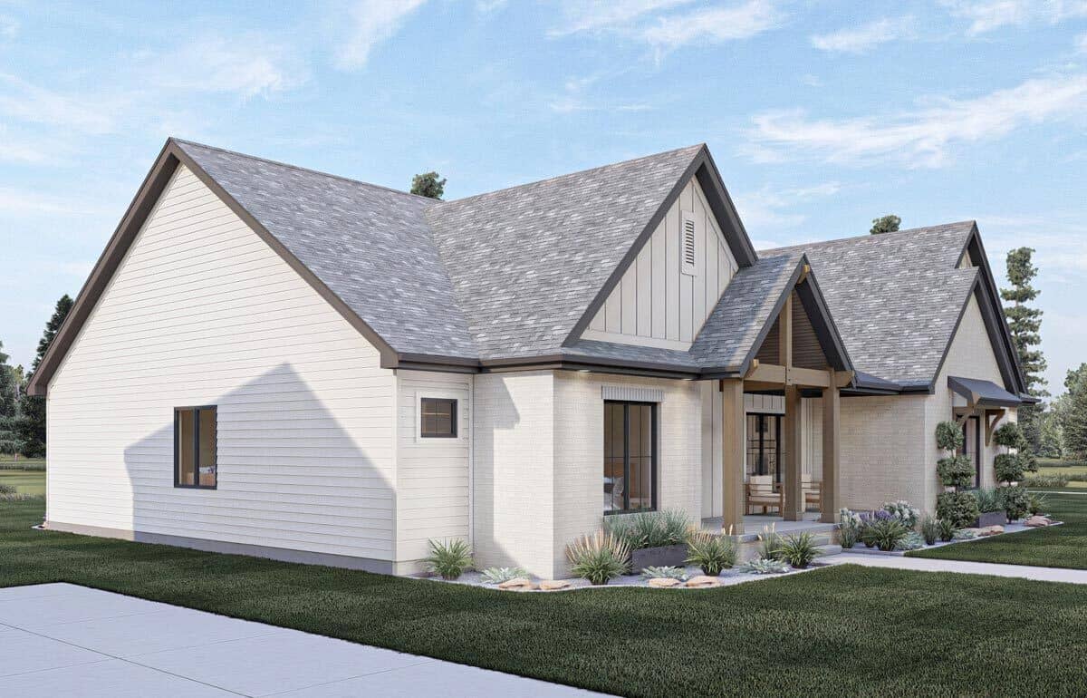 Front-left view with gable rooflines and a covered entry porch framed with timber accents.