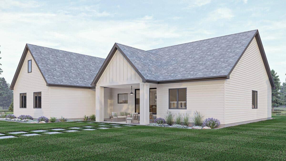 Rear-left view with sliding windows and a covered patio.