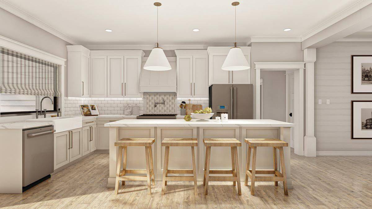 Kitchen with custom cabinetry, a farmhouse sink, and a center island paired with wooden bar stools.