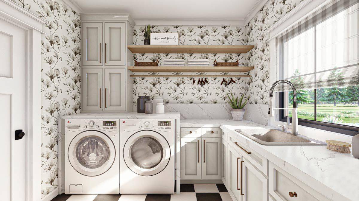 Laundry room with marble countertops, floating shelves, and a sink under the framed windows.