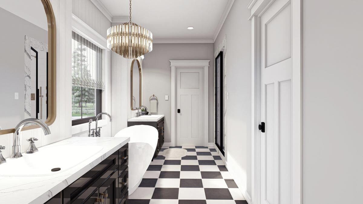 The primary bathroom includes checkered flooring and a walk-in shower.