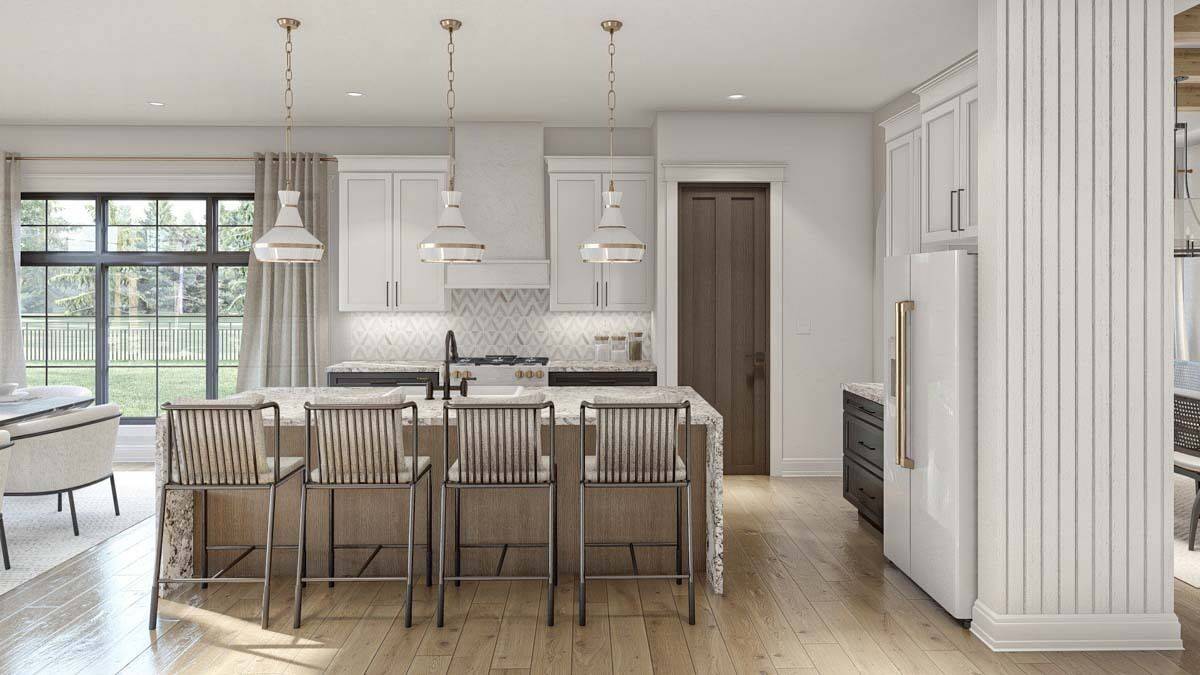 Kitchen with white cabinetry, matching appliances, and a waterfall island with seating for four.
