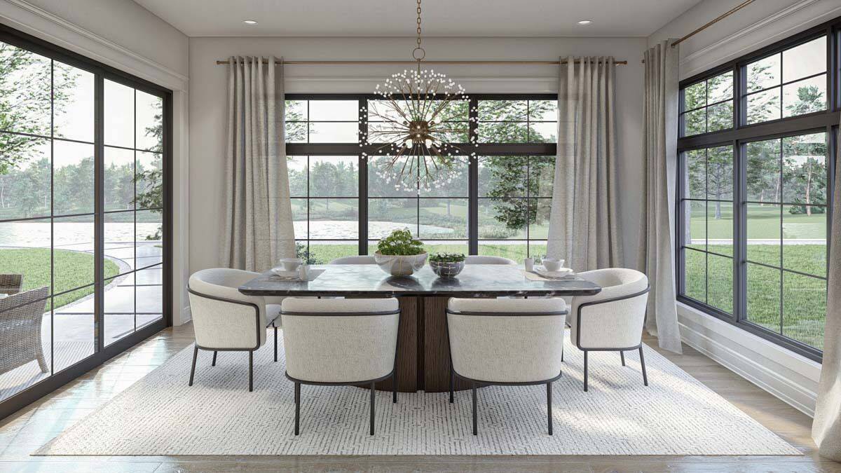 Dinette with a contemporary dining set illuminated by a sputnik chandelier and surrounding windows.