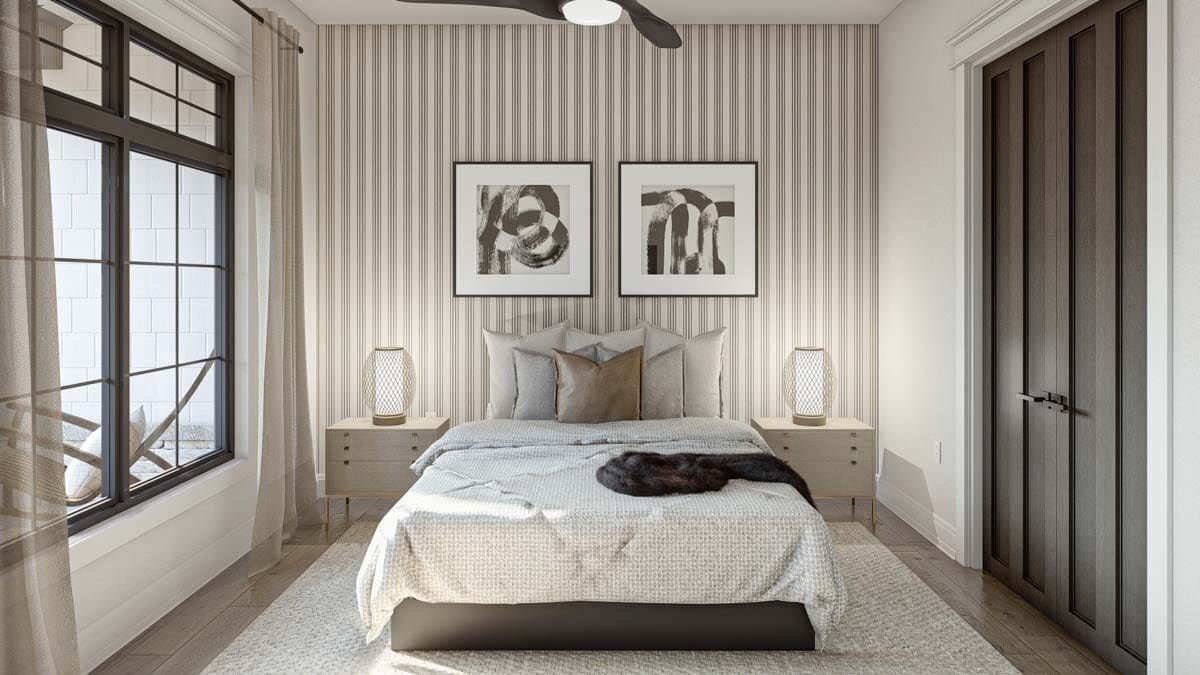 Secondary bedroom with a wooden bed flanked by matching nightstands.