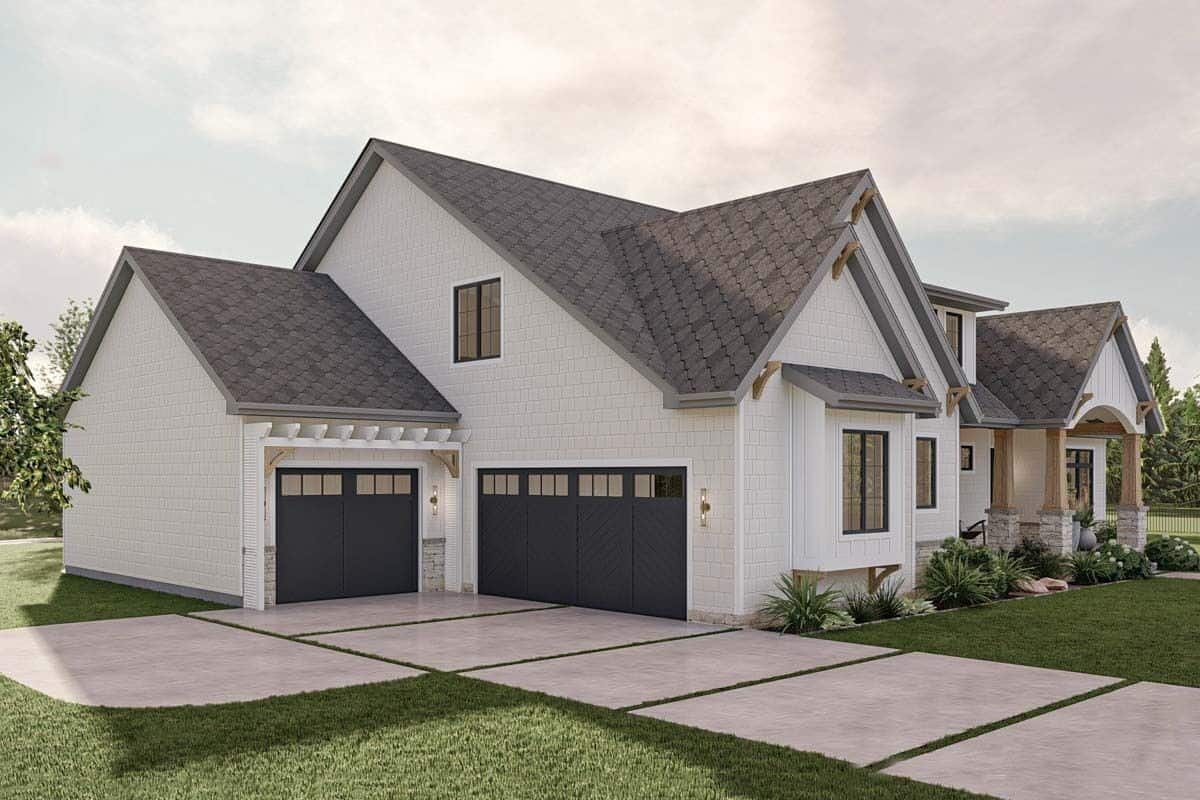 Front-left view with multiple gables and a 3-car garage.