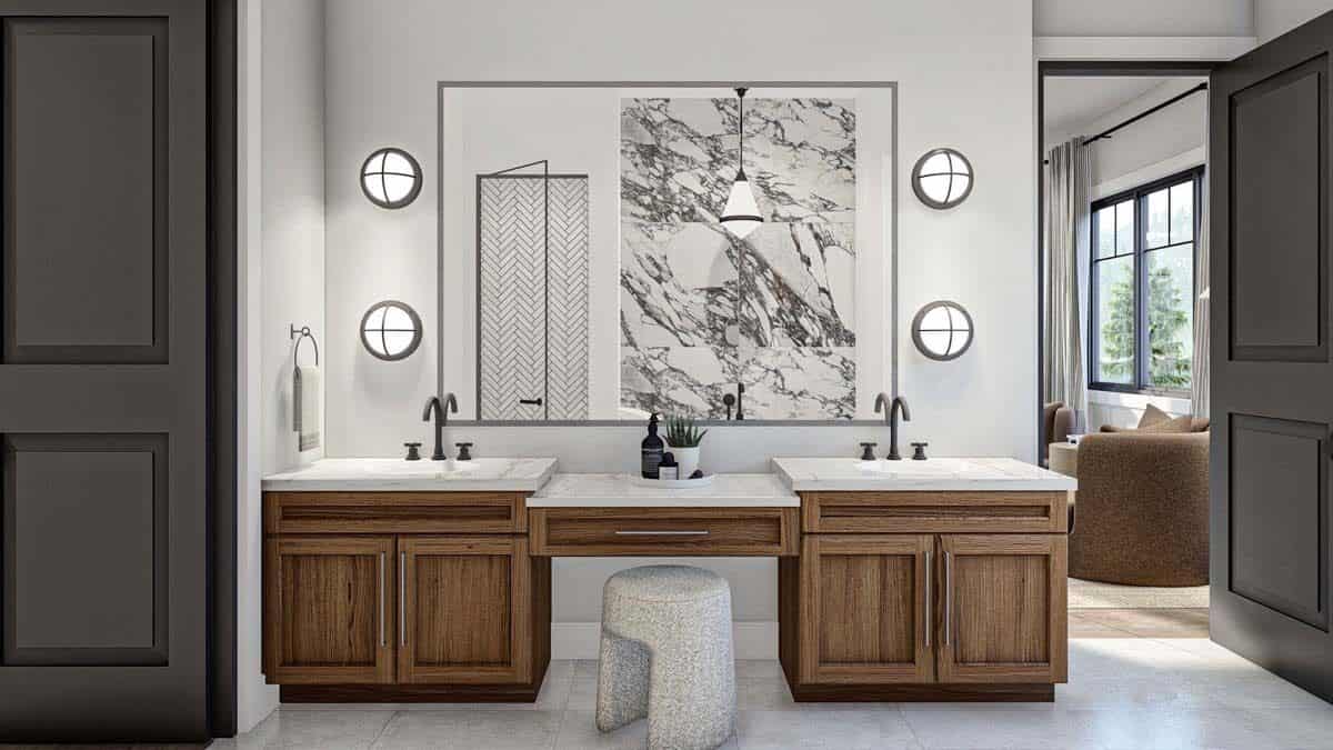 Primary vanity with two sinks and a makeup counter in the middle.