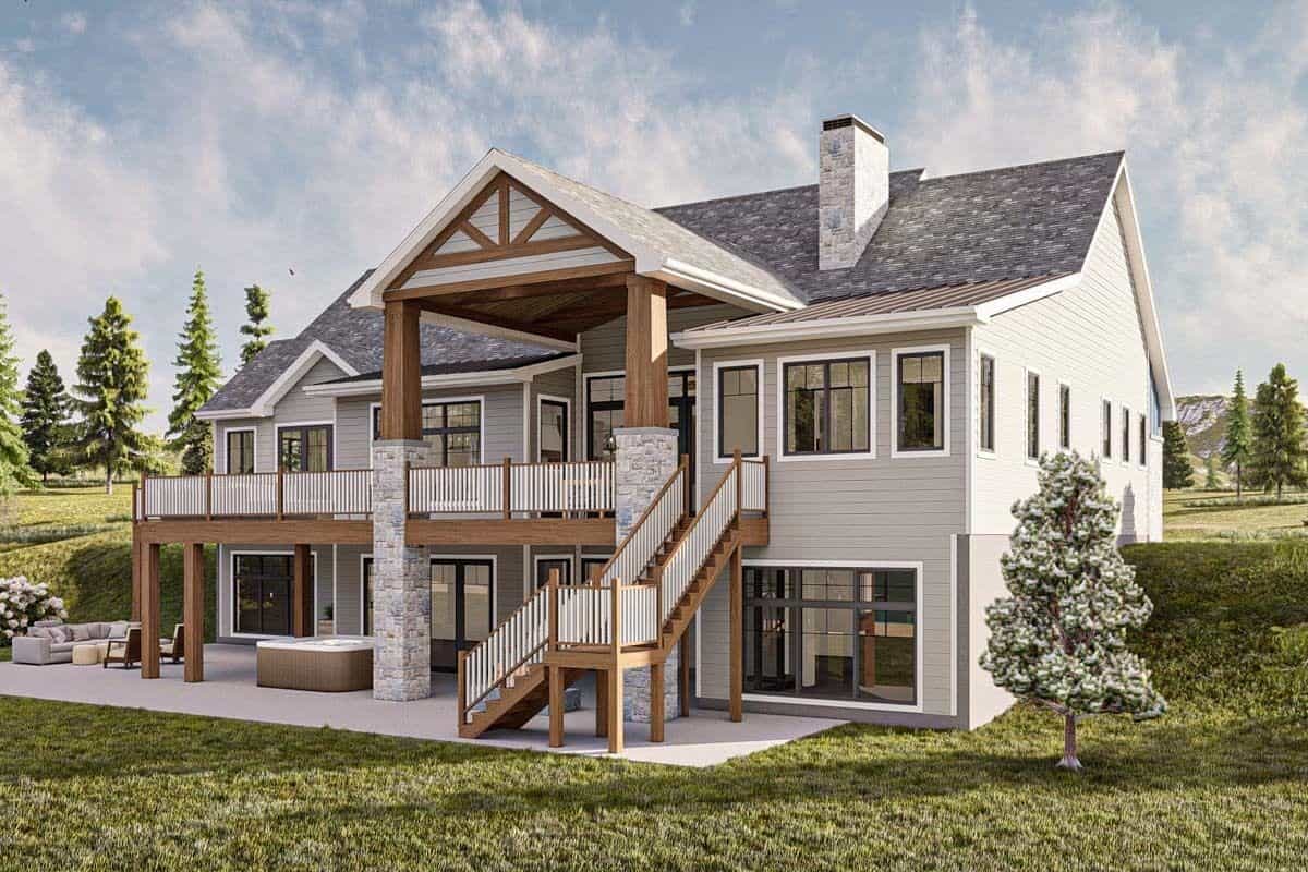 Rear-left view with a stone chimney and stacked porches.